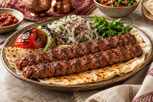 Adana-style minced lamb kebabs on lavash with grilled tomato, pepper and sumac onions
