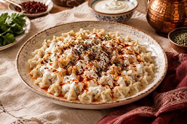 Tiny Turkish mantı dumplings topped with garlic yogurt, paprika butter and dried mint