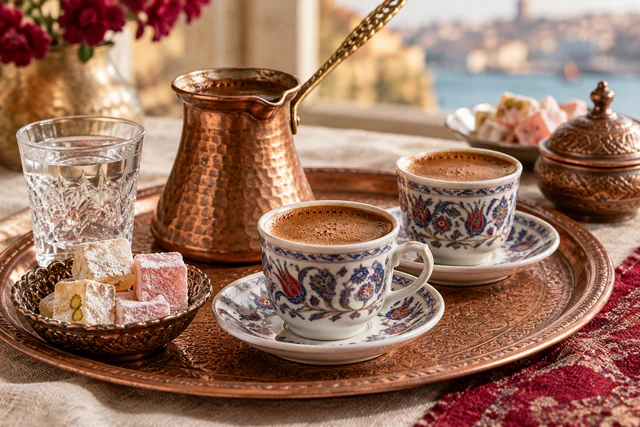 Foamy Turkish coffee in porcelain cups, with a copper cezve and Turkish delight