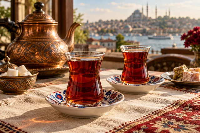 Amber Turkish tea in two clear tulip-shaped glasses on porcelain saucers